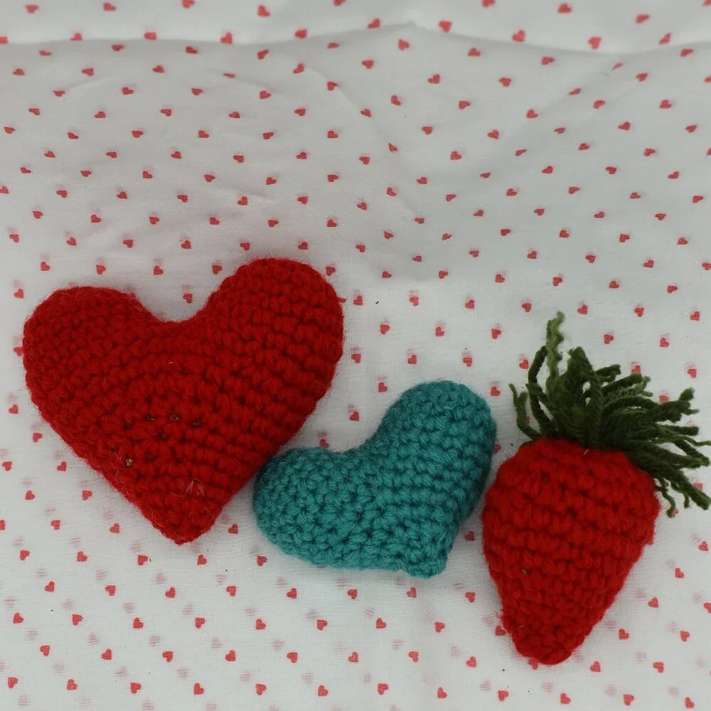 Crochet Catnip Hearts and Strawberry Valentines Day Cat Toys Bundle HANDCRAFTED